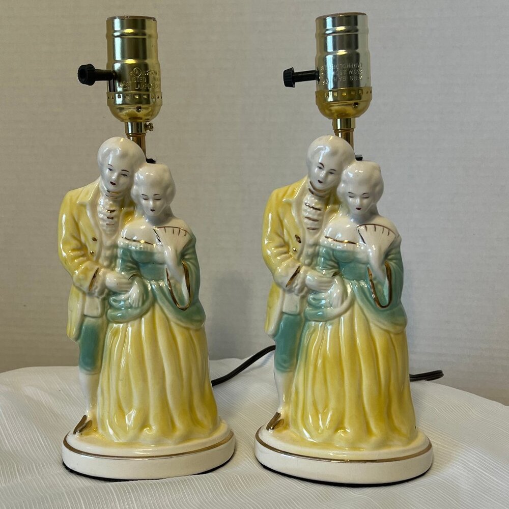 Vintage Porcelain/Chalkware Colonial/Victorian Couple Table Lamps